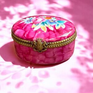 Authentic Limoges Hot Pink Floral Trinket Box, Engagement Ring Box, Pillbox